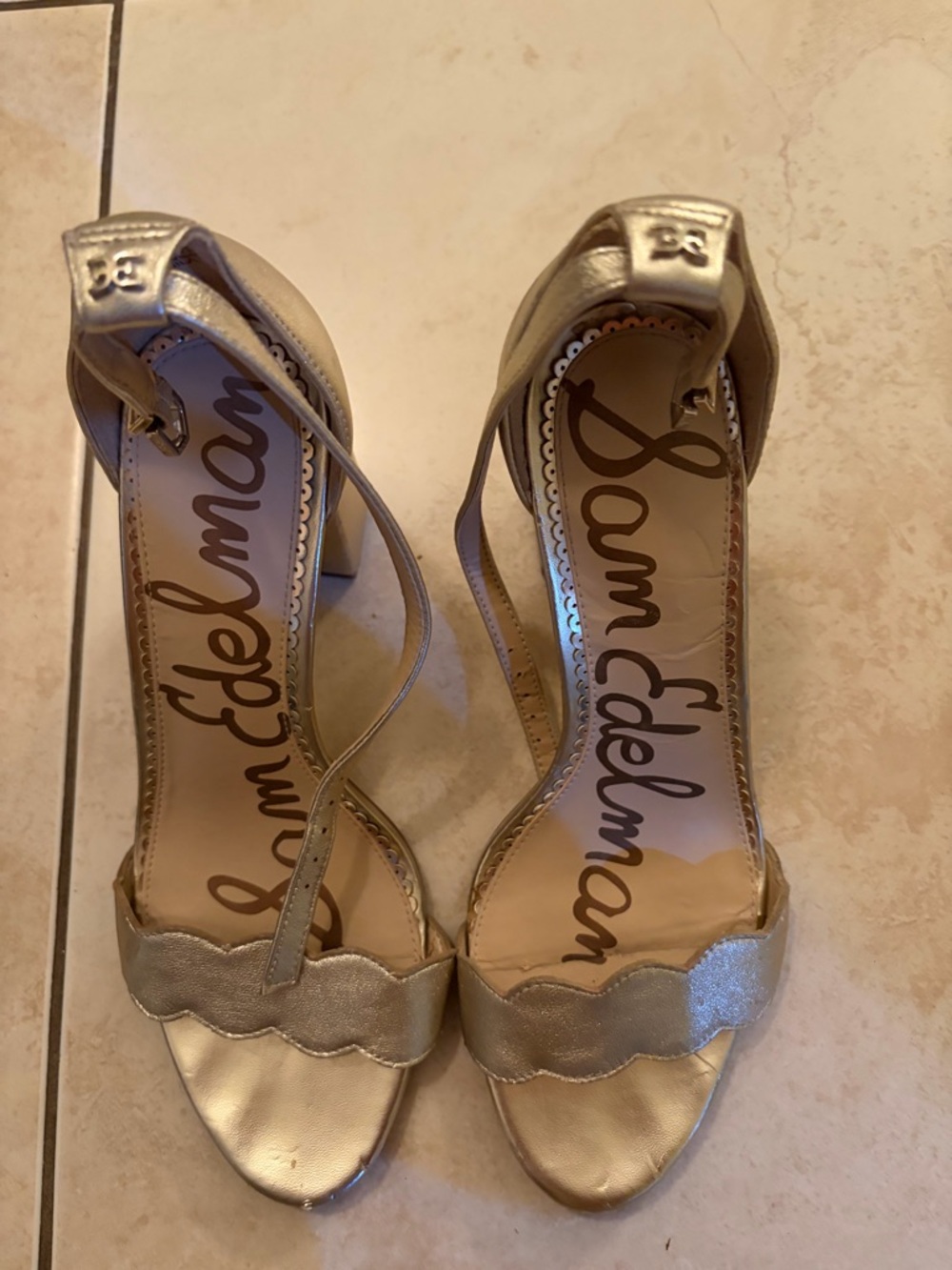 Sam Edelman Metallic Gold Scalloped Ankle-Strap Heels